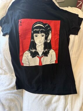 Black Matter Black T-Shirt with Red Graphic Schoolgirl Illustration